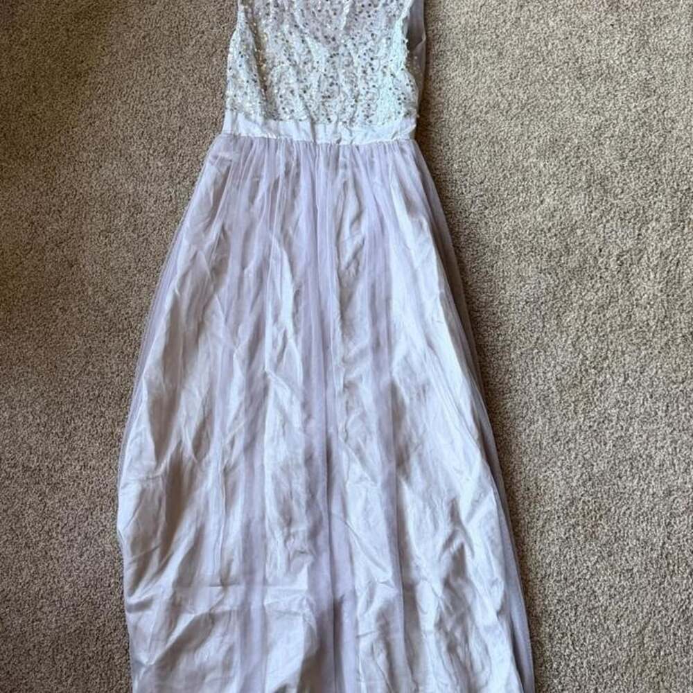 Sequin Tulle Maxi Dress Silver White Sleeveless Formal Gown